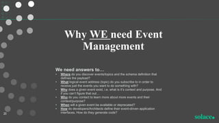 Why WE need Event
Management
20
We need answers to…
• Where do you discover events/topics and the schema definition that
defines the payload?
• What logical event address (topic) do you subscribe to in order to
receive just the events you want to do something with?
• Why does a given event exist, i.e. what is it’s context and purpose. And
if you can’t figure that out…
• Who do you contact to learn more about more events and their
context/purpose?
• When will a given event be available or deprecated?
• How do developers/Architects define their event-driven application
interfaces, How do they generate code?
 