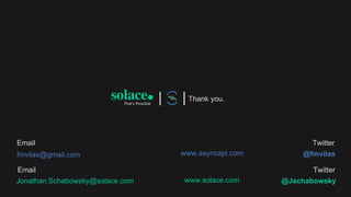 Thank you.
Twitter
@Jschabowsky
Email
Twitter
@fmvilas
Email
Jonathan.Schabowsky@solace.com www.solace.com
www.asyncapi.comfmvilas@gmail.com
 