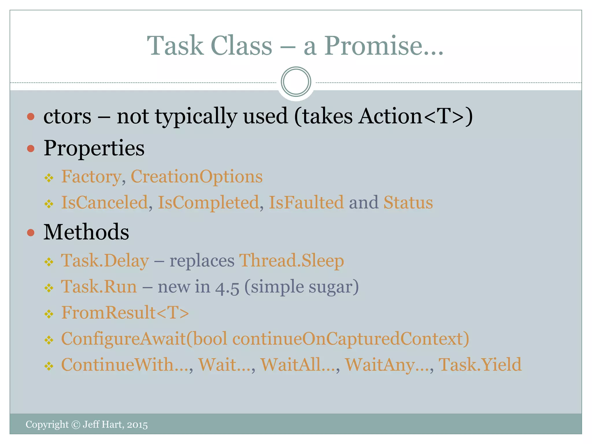 Task Class – a Promise…
 ctors – not typically used (takes Action<T>)
 Properties
 Factory, CreationOptions
 IsCanceled, IsCompleted, IsFaulted and Status
 Methods
 Task.Delay – replaces Thread.Sleep
 Task.Run – new in 4.5 (simple sugar)
 FromResult<T>
 ConfigureAwait(bool continueOnCapturedContext)
 ContinueWith…, Wait…, WaitAll…, WaitAny…, Task.Yield
Copyright © Jeff Hart, 2015
 