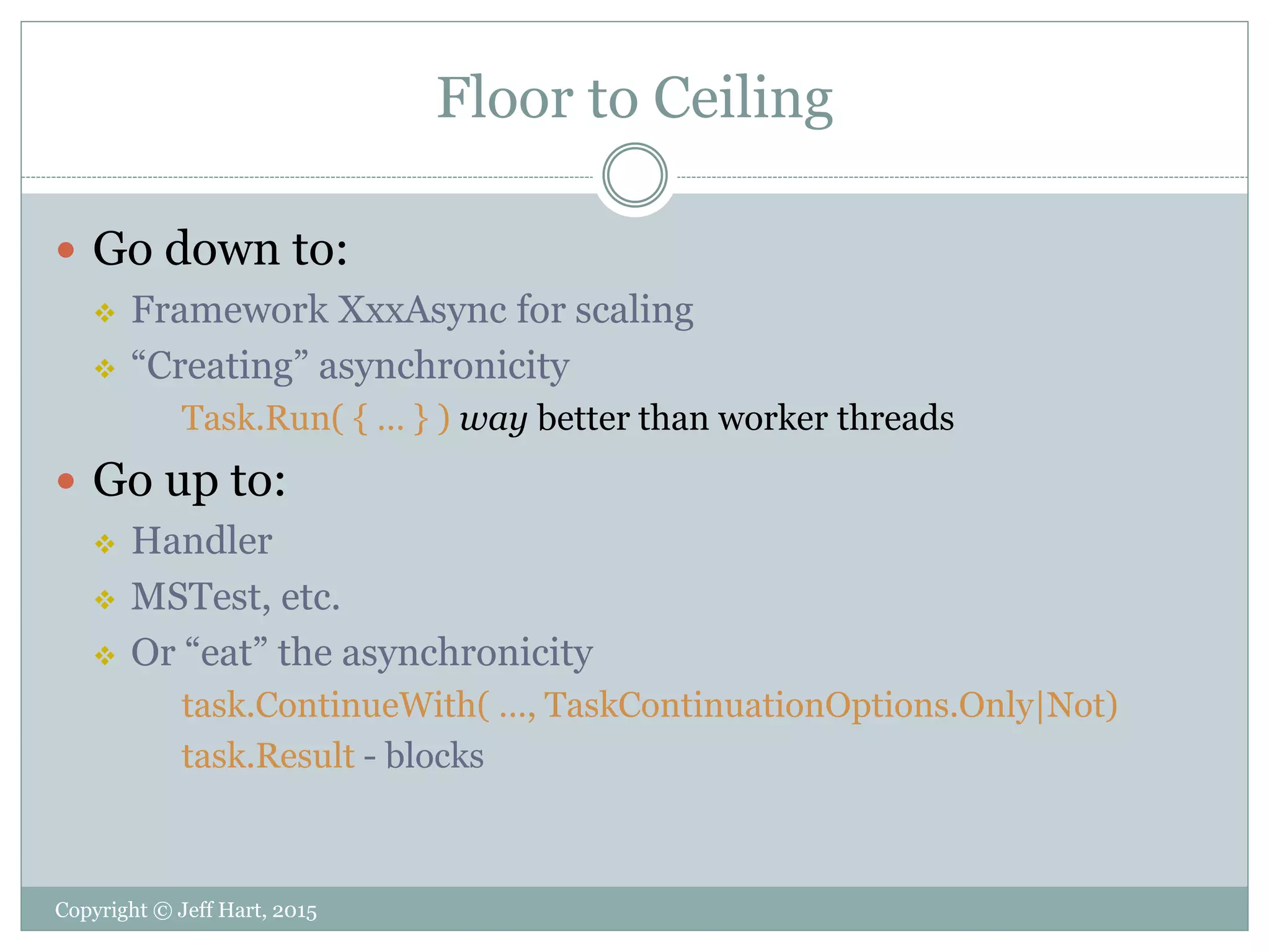 Floor to Ceiling
 Go down to:
 Framework XxxAsync for scaling
 “Creating” asynchronicity
Task.Run( { … } ) way better than worker threads
 Go up to:
 Handler
 MSTest, etc.
 Or “eat” the asynchronicity
task.ContinueWith( …, TaskContinuationOptions.Only|Not)
task.Result - blocks
Copyright © Jeff Hart, 2015
 