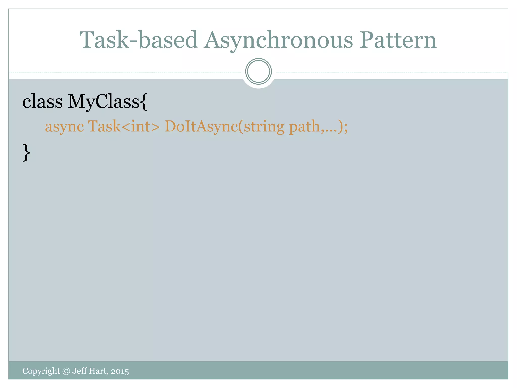 Task-based Asynchronous Pattern
class MyClass{
async Task<int> DoItAsync(string path,…);
}
Copyright © Jeff Hart, 2015
 
