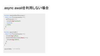 async awaitを利用しない場合
function resolveAfter2Seconds() {
return new Promise(resolve => {
setTimeout(() => {
console.log('resolved');
resolve();
}, 2000);
});
}
function asyncCall() {
return new Promise(resolve => {
console.log('calling');
resolveAfter2Seconds().then(() => {
console.log('called');
});
});
}
asyncCall(); // 非同期関数
 