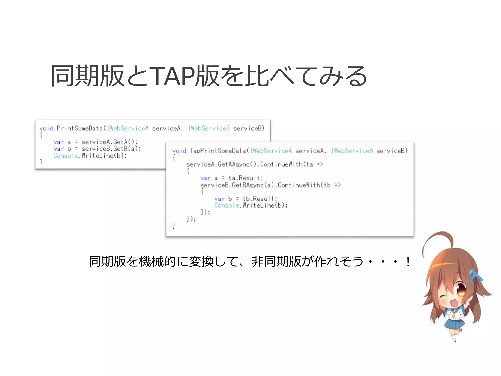 同期版とTAP版を比べてみる




 同期版を機械的に変換して、非同期版が作れそう・・・！
 