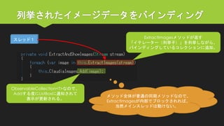 列挙されたイメージデータをバインディング 
メソッド全体が普通の同期メソッドなので、 
ExtractImagesが内部でブロックされれば、 
当然メインスレッドは動けない。 
スレッド１ 
ExtractImagesメソッドが返す 
「イテレーター（列挙子）」を列挙しながら、 
バインディングしているコレクションに追加。 
ObservableCollection<T>なので、 
Addする度にListBoxに通知されて 
表示が更新される。  