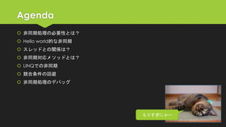 Agenda 
非同期処理の必要性とは？ 
Hello world的な非同期 
スレッドとの関係は？ 
非同期対応メソッドとは？ 
LINQでの非同期 
競合条件の回避 
非同期処理のデバッグ 
もりすぎにゃー  
