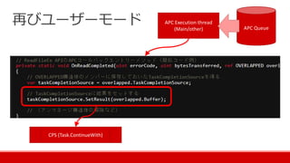 再びユーザーモード APC Execution thread
(Main/other) APC Queue
CPS (Task.ContinueWith)
 