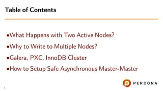 •What Happens with Two Active Nodes?
•Why to Write to Multiple Nodes?
•Galera, PXC, InnoDB Cluster
•How to Setup Safe Asynchronous Master-Master
Table of Contents
3
 