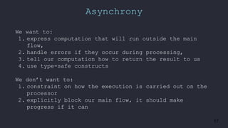 17
Asynchrony
We want to:
1. express computation that will run outside the main
flow,
2. handle errors if they occur during processing,
3. tell our computation how to return the result to us
4. use type-safe constructs
We don’t want to:
1. constraint on how the execution is carried out on the
processor
2. explicitly block our main flow, it should make
progress if it can
 