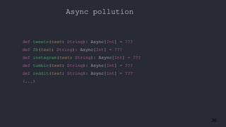 35
Async pollution
def tweets(text: String): Async[Int] = ???
def fb(text: String): Async[Int] = ???
def instagram(text: String): Async[Int] = ???
def tumblr(text: String): Async[Int] = ???
def reddit(text: String): Async[Int] = ???
(...)
 