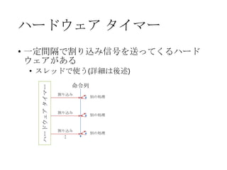 ハードウェア タイマー
• 一定間隔で割り込み信号を送ってくるハード
ウェアがある
• スレッドで使う(詳細は後述)
命令列
ハードウェアタイマー
割り込み
割り込み
割り込み
…
別の処理
別の処理
別の処理
 