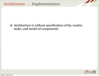 Architecture vs. Implementation




                        Architecture is without specification of the vendor,
         ...