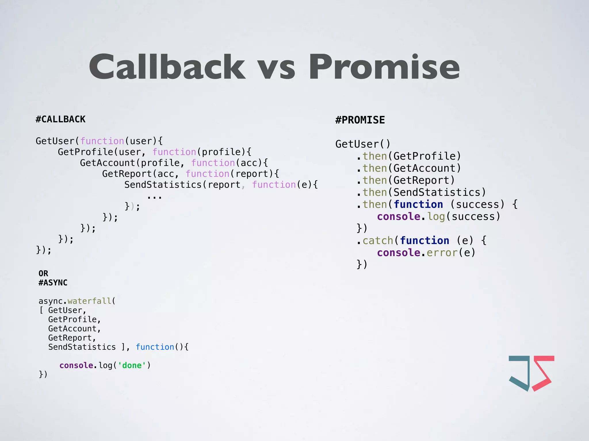 Callback vs Promise
#PROMISE
GetUser() 
.then(GetProfile) 
.then(GetAccount) 
.then(GetReport) 
.then(SendStatistics) 
.then(function (success) { 
console.log(success) 
}) 
.catch(function (e) { 
console.error(e) 
})
#CALLBACK
GetUser(function(user){
GetProfile(user, function(profile){
GetAccount(profile, function(acc){
GetReport(acc, function(report){
SendStatistics(report, function(e){
...
});
});
});
});
});
OR 
#ASYNC
async.waterfall(
[ GetUser,
GetProfile,
GetAccount,
GetReport,
SendStatistics ], function(){ 
console.log('done') 
})
 
