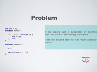 If the second task is dependent on the first
task, but the first task taking some time.
Then the second task will not return accurate
output.
var num = 0; 
function First(){ 
 
setTimeout(function () { 
num = 10; 
}, 2000) 
} 
 
function Second(){ 
 
First(); 
 
return num % 2; //0 
}
Problem
 