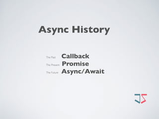 Async History
The Past Callback
The Present Promise
The Future Async/Await 
 