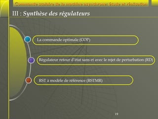 Commande scalaire de la machine asynchrone: étude et réalisation

III : Synthèse des régulateurs

La commande optimale (COP)

Régulateur retour d’état sans et avec le rejet de perturbation (RD)

RST à modèle de référence (RSTMR)

19

 