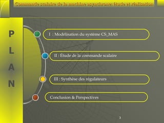 Commande scalaire de la machine asynchrone: étude et réalisation

P
L

I : Modélisation du système CS_MAS

II : Étude de la commande scalaire

A
N

III : Synthèse des régulateurs

Conclusion & Perspectives

3

 