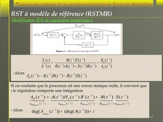 Commande scalaire de la machine asynchrone: étude et réalisation

RST à modèle de référence (RSTMR)
Modélisation RST de régulateur numérique.1

Bm ( z − 1 )
B( z − 1 )T ( z − 1 )
Ω ( z)
=
=
*
−1
−1
−1
−1
Ω ( z ) R( z ) A( z ) + S ( z ) B( z ) Am ( z − 1 )
:Alors

Am ( z − 1 ) = A( z − 1 ) R( z − 1 ) + B( z − 1 ) S ( z − 1 )

Si on souhaite que le processus ait une erreur statique nulle, il convient que
: le régulateur comporte une intégration

Am ( z − 1 ) = A( z − 1 ) H 2 ( z − 1 ) R ' ( z − 1 ) + B ( z − 1 ) S ( z − 1 )
4
3
2
2
123 14 244 123 1 3 1 3
4 4

AmBézout ( z − 1 )

: Alors

ABézout ( z − 1 )

RBézout ( z − 1 )

BBézout ( z − 1 ) S Bézout ( z − 1 )

deg( ABézout ( z − 1 )) = (deg( A( z − 1 ))) + i
32

 