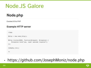 Interesting resources…
• Ratchet
http://socketo.me/
• Cooperative Multitasking using coroutines
https://nikic.github.io/2012/12/22/Cooperative-
multitasking-using-coroutines-in-PHP.html
• Recoil
https://github.com/recoilphp/recoil
200
 