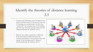 Identify the theories of distance learning.
2.3
• Framing and reframing occur throughout the
process and the heart of the process, the acts
of learning, are transformative in that they
“transform” the existing state of knowledge
into the new state that emerges from the old
(Haythornthwaite & Andrews, 2011).
• Because the online community is different
from and interacts differently than the
learning community in an in-person class, the
nature of the learning itself is affected
(Haythornthwaite & Andrews, 2011).
 