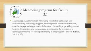Mentoring program for faculty
3.1
• Mentoring programs work in “providing visions for technology use,
individualizing technology support, breaking down hierarchical structure,
establishing open dialogue and collaborative relationships; providing mutual
benefits for mentors and mentees; and emphasizing the creation of a
learning community for those participating in the program” (Palloff & Pratt,
2011, p. 65).
 