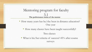 Mentoring program for faculty
3.1
• How many years has he/she been in distance education?
One year
• How many classes have been taught successfully?
Two classes
• What is his/her criteria of success? 45% after course
surveys
The performance status of the mentor
 