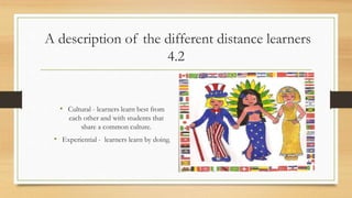 A description of the different distance learners
4.2
• Cultural - learners learn best from
each other and with students that
share a common culture.
• Experiential - learners learn by doing.
 