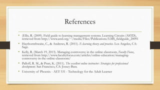 References
• (Ellis, R. (2009). Field guide to learning management systems. Learning Circuits (ASTD),
retrieved from http://www.astd.org/~/media/Files/Publications/LMS_fieldguide_20091
• Haythornthwaite, C., & Andrews, R. (2011). E-learning theory and practice. Los Angeles, CA:
Sage.
• Kelly, R. (March 19, 2013). Managing controversy in the online classroom, Faculty Focus,
retrieved from http://www.facultyfocus.com/articles/online-education/managing-
controversy-in-the-online-classroom/
• Palloff, R. M., & Pratt, K. (2011). The excellent online instructor: Strategies for professional
development. San Francisco, CA: Jossey-Bass.
• University of Phoenix - AET 531 - Technology for the Adult Learner
 