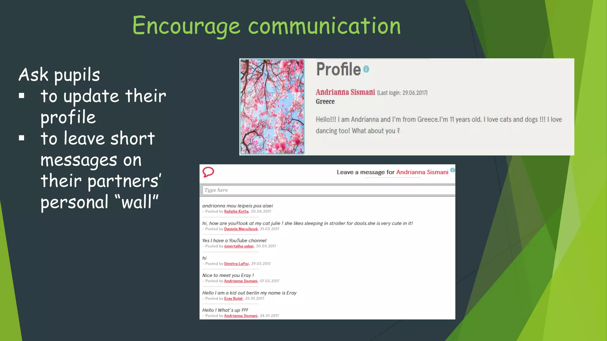 Encourage communication
Ask pupils
 to update their
profile
 to leave short
messages on
their partners’
personal “wall”
 