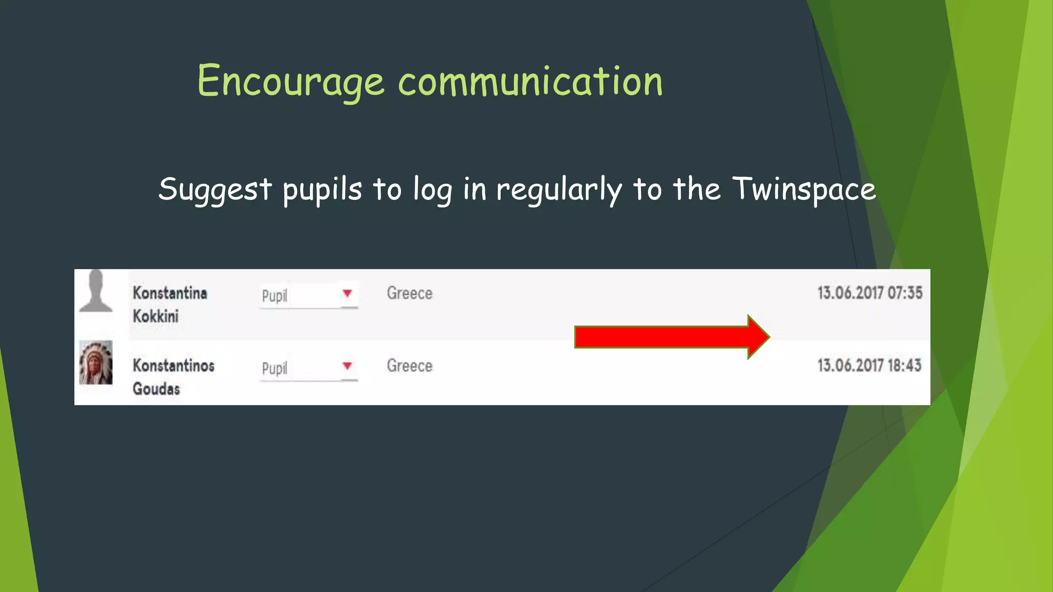 Encourage communication
Suggest pupils to log in regularly to the Twinspace
 