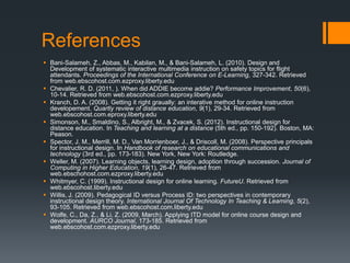 References
 Bani-Salameh, Z., Abbas, M., Kabilan, M., & Bani-Salameh, L. (2010). Design and
  Development of systematic interactive multimedia instruction on safety topics for flight
  attendants. Proceedings of the International Conference on E-Learning, 327-342. Retrieved
  from web.ebscohost.com.ezproxy.liberty.edu
 Chevalier, R. D. (2011, ). When did ADDIE become addie? Performance Improvement, 50(6),
  10-14. Retrieved from web.ebscohost.com.ezproxy.liberty.edu
 Kranch, D. A. (2008). Getting it right graually: an interative method for online instruction
  developement. Quartly review of distance education, 9(1), 29-34. Retrieved from
  web.ebscohost.com.eproxy.liberty.edu
 Simonson, M., Smaldino, S., Albright, M., & Zvacek, S. (2012). Instructional design for
  distance education. In Teaching and learning at a distance (5th ed., pp. 150-192). Boston, MA:
  Peason.
 Spector, J. M., Merrill, M. D., Van Morrienboer, J., & Driscoll, M. (2008). Perspective principals
  for instructional design. In Handbook of research on educational communications and
  technology (3rd ed., pp. 173-183). New York, New York: Routledge.
 Weller, M. (2007). Learning objects, learning design, adoption through succession. Journal of
  Computing in Higher Education, 19(1), 26-47. Retrieved from
  web.ebschohost.com.ezproxy.liberty.edu
 Whitmyer, C. (1999). Instructional design for online learning. FutureU. Retrieved from
  web.ebscohost.liberty.edu
 Willis, J. (2009). Pedagogical ID versus Process ID: two perspectives in contemporary
  instructional design theory. International Journal Of Technology In Teaching & Learning, 5(2),
  93-105. Retrieved from web.ebscohost.com.liberty.edu
 Wolfe, C., Da, Z., & Li, Z. (2009, March). Applying ITD model for online course design and
  development. AURCO Journal, 173-185. Retrieved from
  web.ebscohost.com.ezproxy.liberty.edu
 