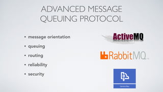 ADVANCED MESSAGE
QUEUING PROTOCOL
• message orientation
• queuing
• routing
• reliability
• security
 