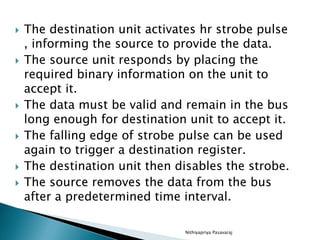  The destination unit activates hr strobe pulse
, informing the source to provide the data.
 The source unit responds by placing the
required binary information on the unit to
accept it.
 The data must be valid and remain in the bus
long enough for destination unit to accept it.
 The falling edge of strobe pulse can be used
again to trigger a destination register.
 The destination unit then disables the strobe.
 The source removes the data from the bus
after a predetermined time interval.
Nithiyapriya Pasavaraj
 