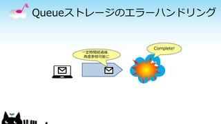 Queueストレージのエラーハンドリング
Complete!
一定時間
非表示
一定時間経過後、
再度参照可能に
 