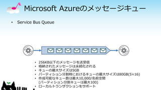 Microsoft Azureのメッセージキュー
• Service Bus Queue
• 256KB以下のメッセージを送受信
• 格納されたメッセージは永続化される
• キューの最大サイズは5GB
• パーティション分割時におけるキューの最大サイズは80GB(5×16)
• 作成可能なキュー数は最大10,000/名前空間
(パーティション分割キューは最大100)
• ローカルトランザクションをサポート
 