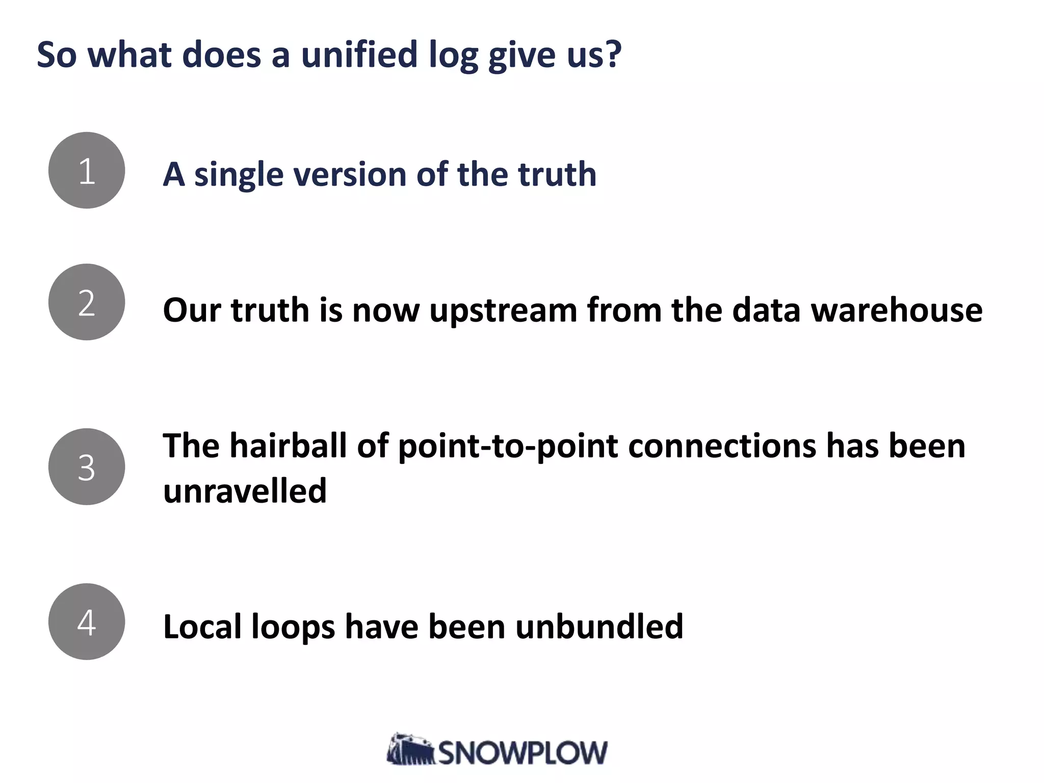 So what does a unified log give us?
A single version of the truth
Our truth is now upstream from the data warehouse
The hairball of point-to-point connections has been
unravelled
Local loops have been unbundled
1
2
3
4
 