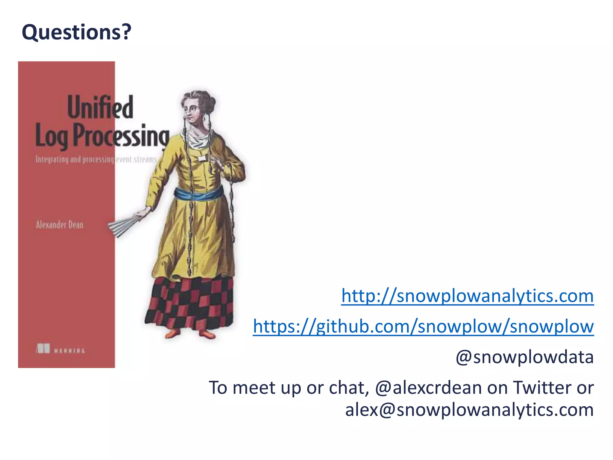 Questions?
http://snowplowanalytics.com
https://github.com/snowplow/snowplow
@snowplowdata
To meet up or chat, @alexcrdean on Twitter or
alex@snowplowanalytics.com
 