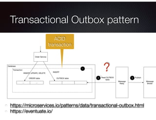 @crichardson
Transactional Outbox pattern
https://microservices.io/patterns/data/transactional-outbox.html
https://eventua...