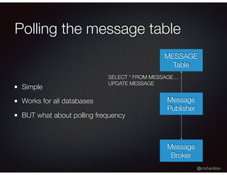 @crichardson
Polling the message table
Simple
Works for all databases
BUT what about polling frequency
MESSAGE
Table
Messa...