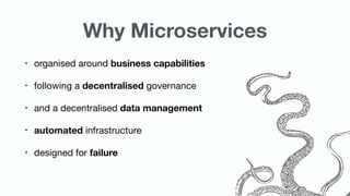 Why Microservices
• organised around business capabilities

• following a decentralised governance

• and a decentralised data management

• automated infrastructure

• designed for failure
 