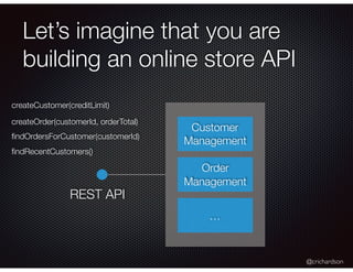 @crichardson
Let’s imagine that you are
building an online store API
createCustomer(creditLimit)
createOrder(customerId, orderTotal)
ﬁndOrdersForCustomer(customerId)
ﬁndRecentCustomers()
Order
Management
Customer
Management
REST API
…
 