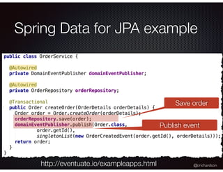 @crichardson
Spring Data for JPA example
Publish event
Save order
http://eventuate.io/exampleapps.html
 
