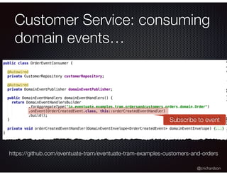 @crichardson
Customer Service: consuming
domain events…
https://github.com/eventuate-tram/eventuate-tram-examples-customers-and-orders
Subscribe to event
 