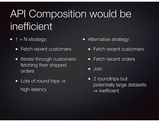 API Composition would be
inefﬁcient
1 + N strategy:
Fetch recent customers
Iterate through customers
fetching their shipped
orders
Lots of round trips
high-latency
Alternative strategy:
Fetch recent customers
Fetch recent orders
Join
2 roundtrips but
potentially large datasets
inefﬁcient
 