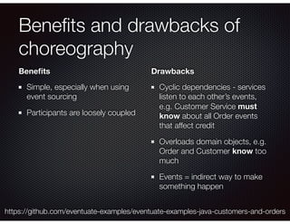 Beneﬁts and drawbacks of
choreography
Beneﬁts
Simple, especially when using
event sourcing
Participants are loosely coupled
Drawbacks
Cyclic dependencies - services
listen to each other’s events,
e.g. Customer Service must
know about all Order events
that affect credit
Overloads domain objects, e.g.
Order and Customer know too
much
Events = indirect way to make
something happen
https://github.com/eventuate-examples/eventuate-examples-java-customers-and-orders
 