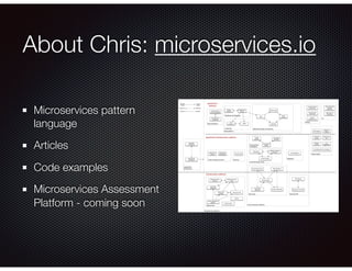 About Chris: microservices.io
Microservices pattern
language
Articles
Code examples
Microservices Assessment
Platform - co...
