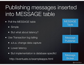 @crichardson
Publishing messages inserted
into MESSAGE table
Poll the MESSAGE table
Simple
But what about latency?
Use Tra...
