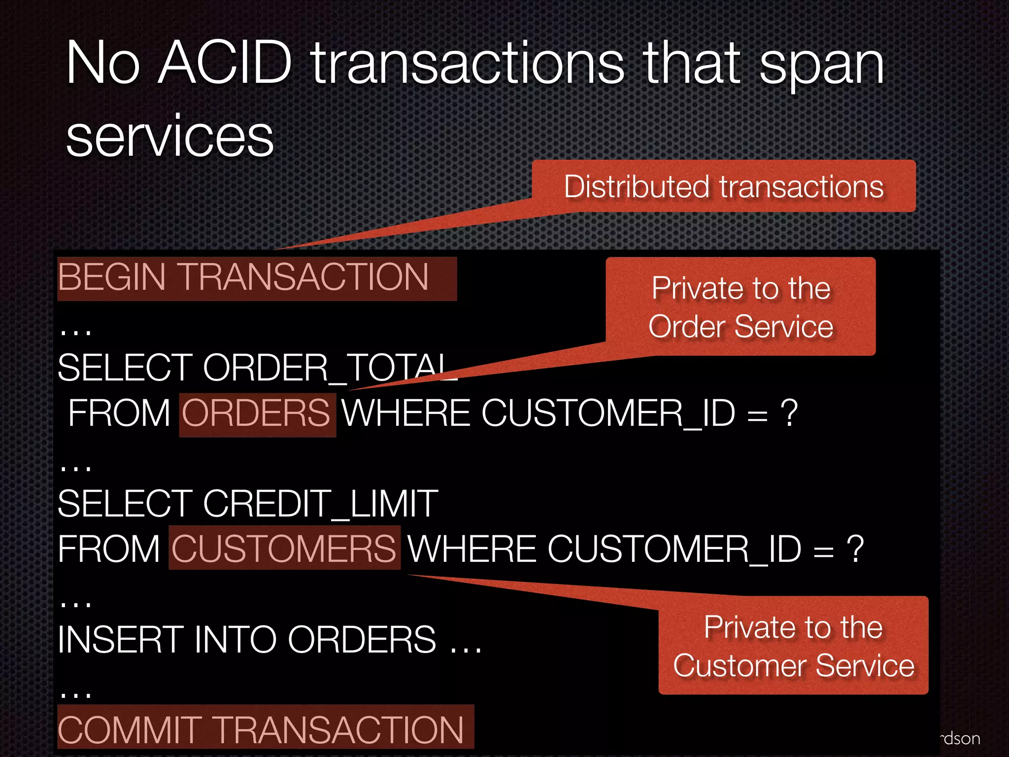@crichardson No ACID transactions that span services BEGIN TRANSACTION … SELECT ORDER_TOTAL FROM ORDERS WHERE CUSTOMER_ID = ? … SELECT CREDIT_LIMIT FROM CUSTOMERS WHERE CUSTOMER_ID = ? … INSERT INTO ORDERS … … COMMIT TRANSACTION Private to the Order Service Private to the Customer Service Distributed transactions 