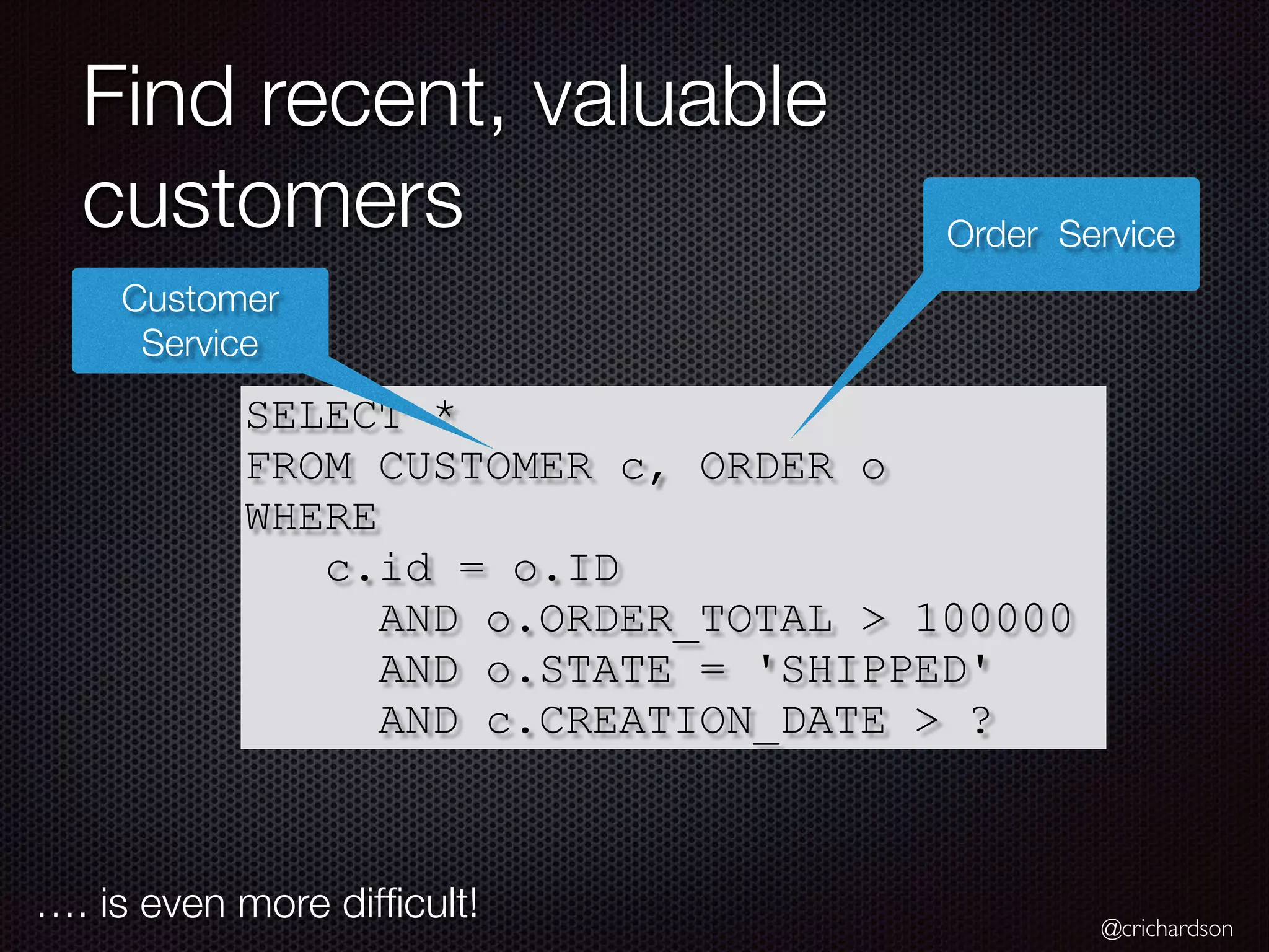 @crichardson Find recent, valuable customers SELECT * FROM CUSTOMER c, ORDER o WHERE c.id = o.ID AND o.ORDER_TOTAL > 100000 AND o.STATE = 'SHIPPED' AND c.CREATION_DATE > ? Customer Service Order Service …. is even more difﬁcult! 