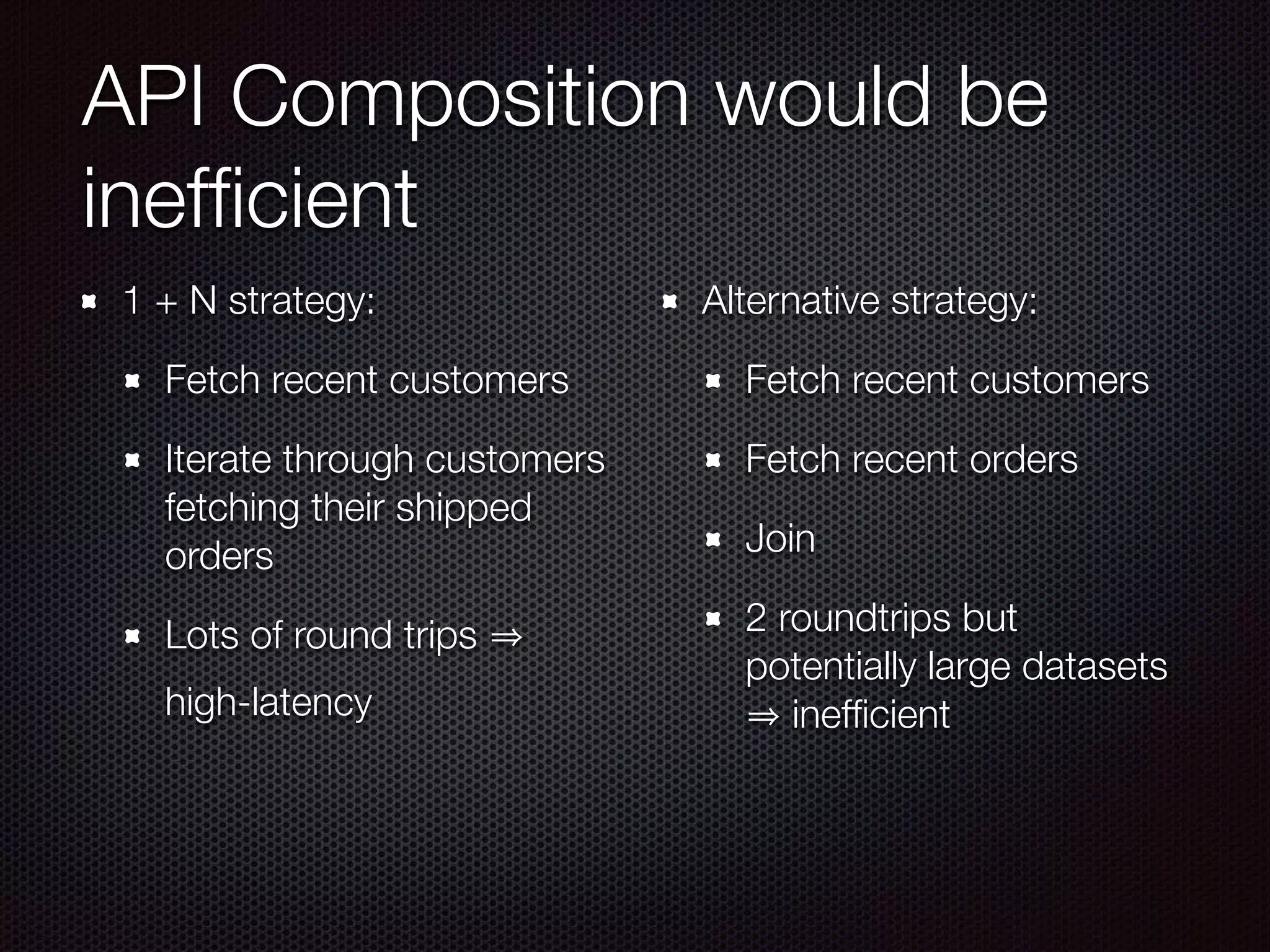 API Composition would be inefﬁcient 1 + N strategy: Fetch recent customers Iterate through customers fetching their shipped orders Lots of round trips high-latency Alternative strategy: Fetch recent customers Fetch recent orders Join 2 roundtrips but potentially large datasets inefﬁcient 