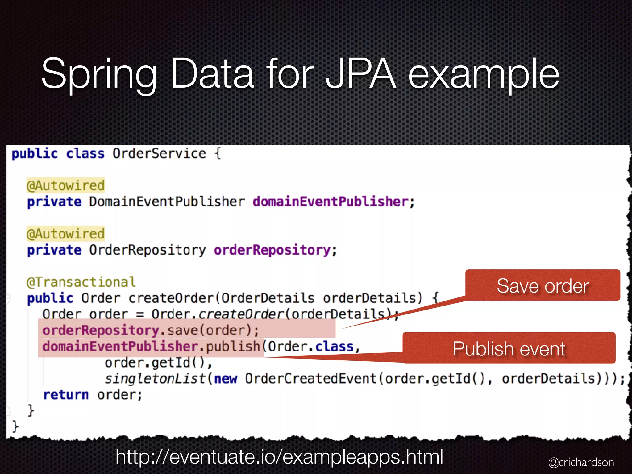@crichardson Spring Data for JPA example Publish event Save order http://eventuate.io/exampleapps.html 